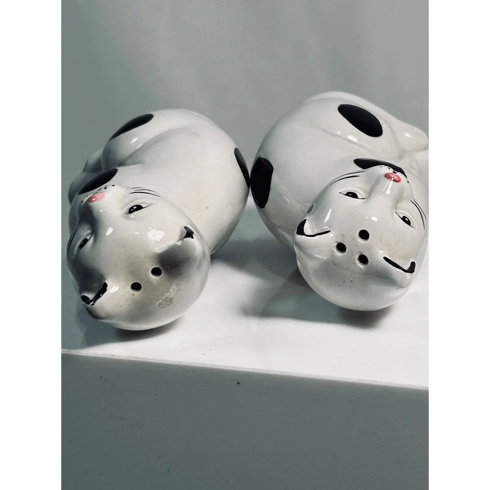 Vintage CBK Taiwan Ceramic Cat Salt and Pepper Shakers White‎ Black Spotted Set
